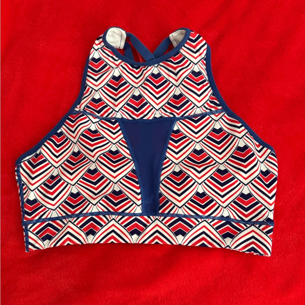 The Chestee Red, White, and Blue Patterned Sports Bra